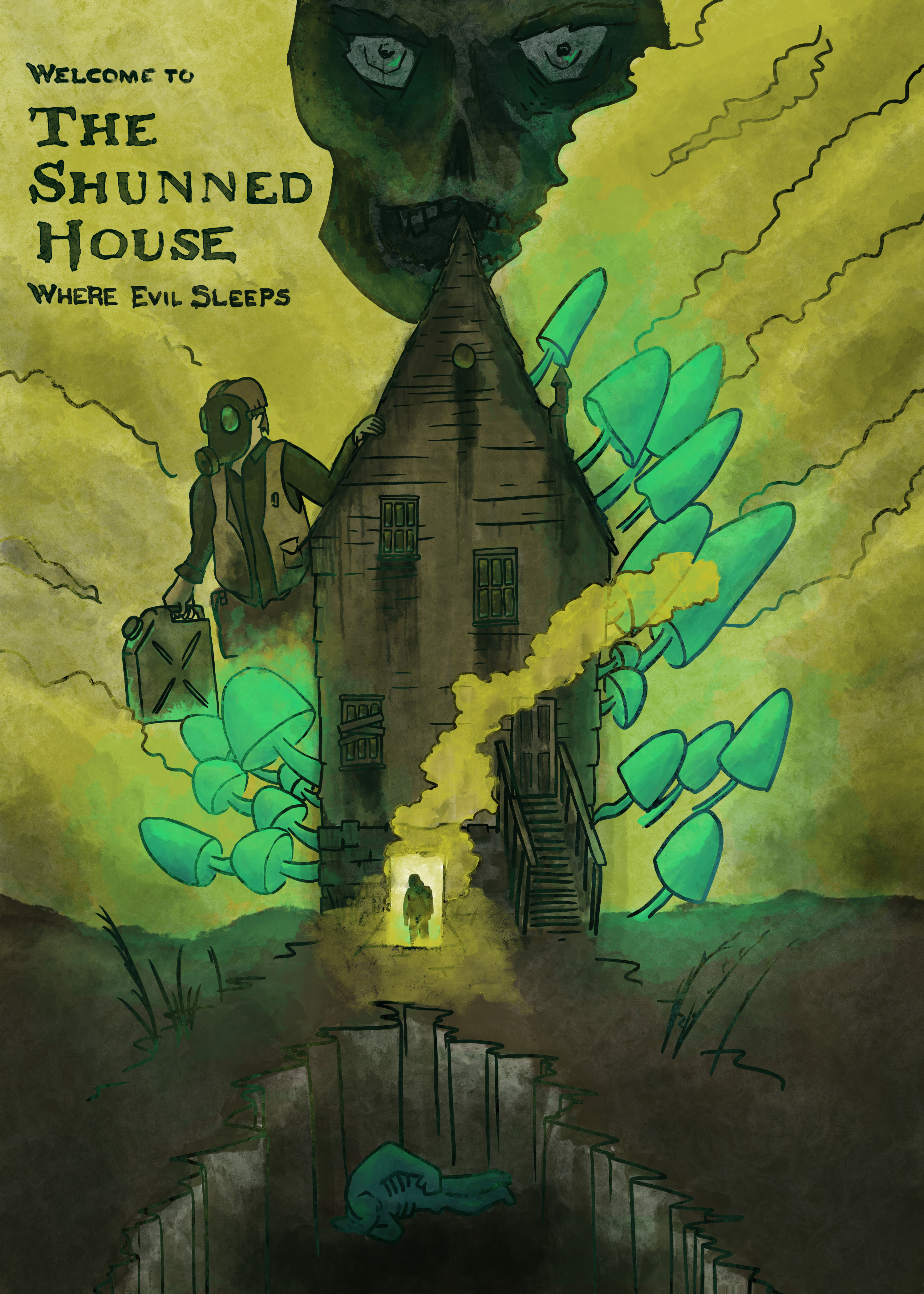 travel poster for H.P. Lovecraft's The Shunned House depicting a creepy house